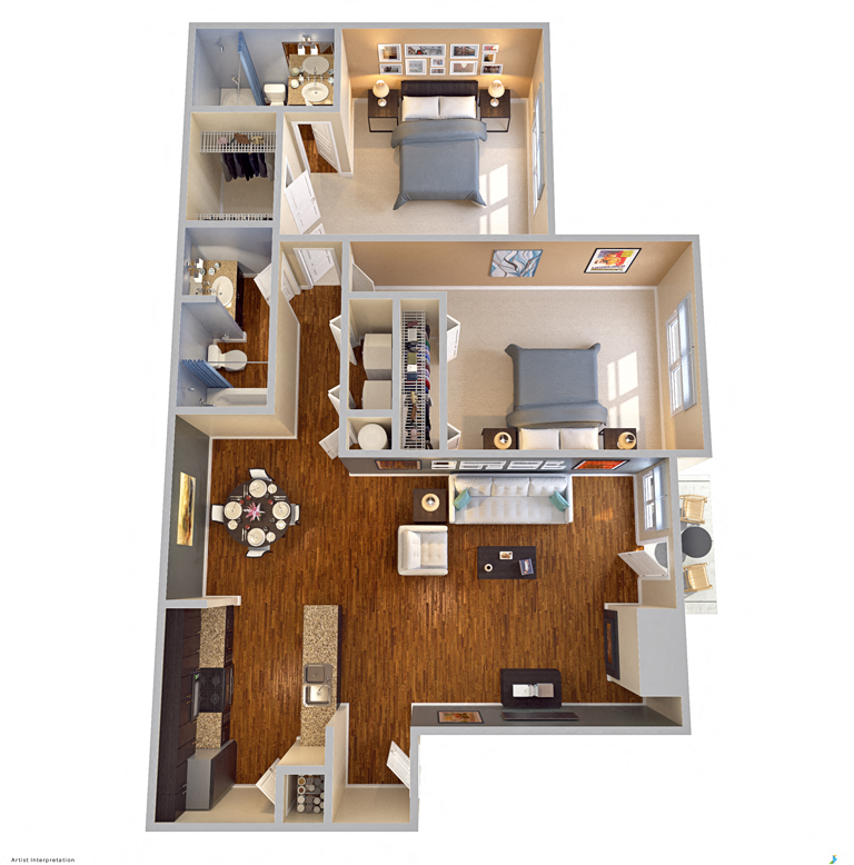 Floor plan for 2 beds, 2 baths, 997 sqft